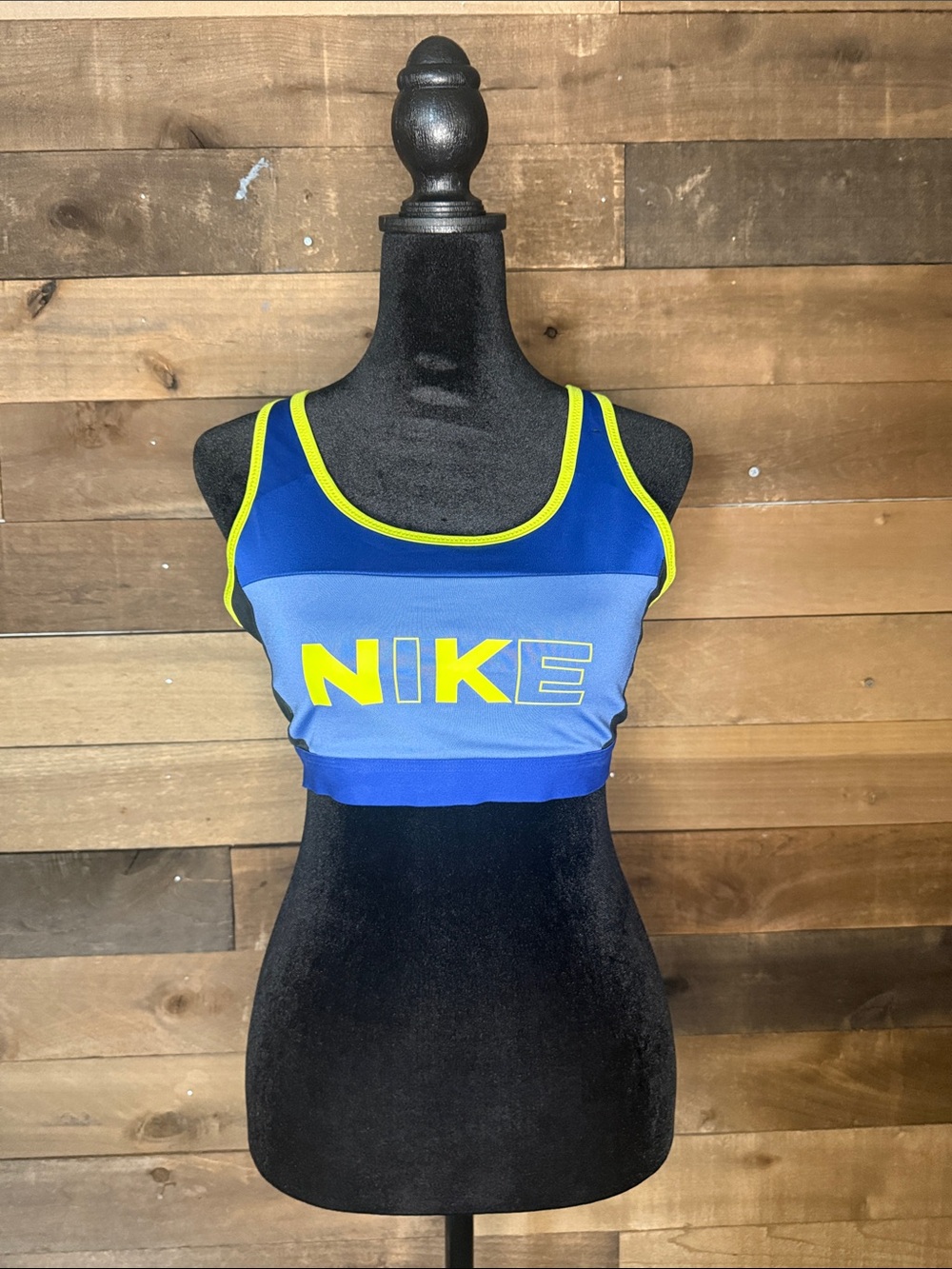 Nike Blue Sports Bra with Neon Yellow Trim and Logo